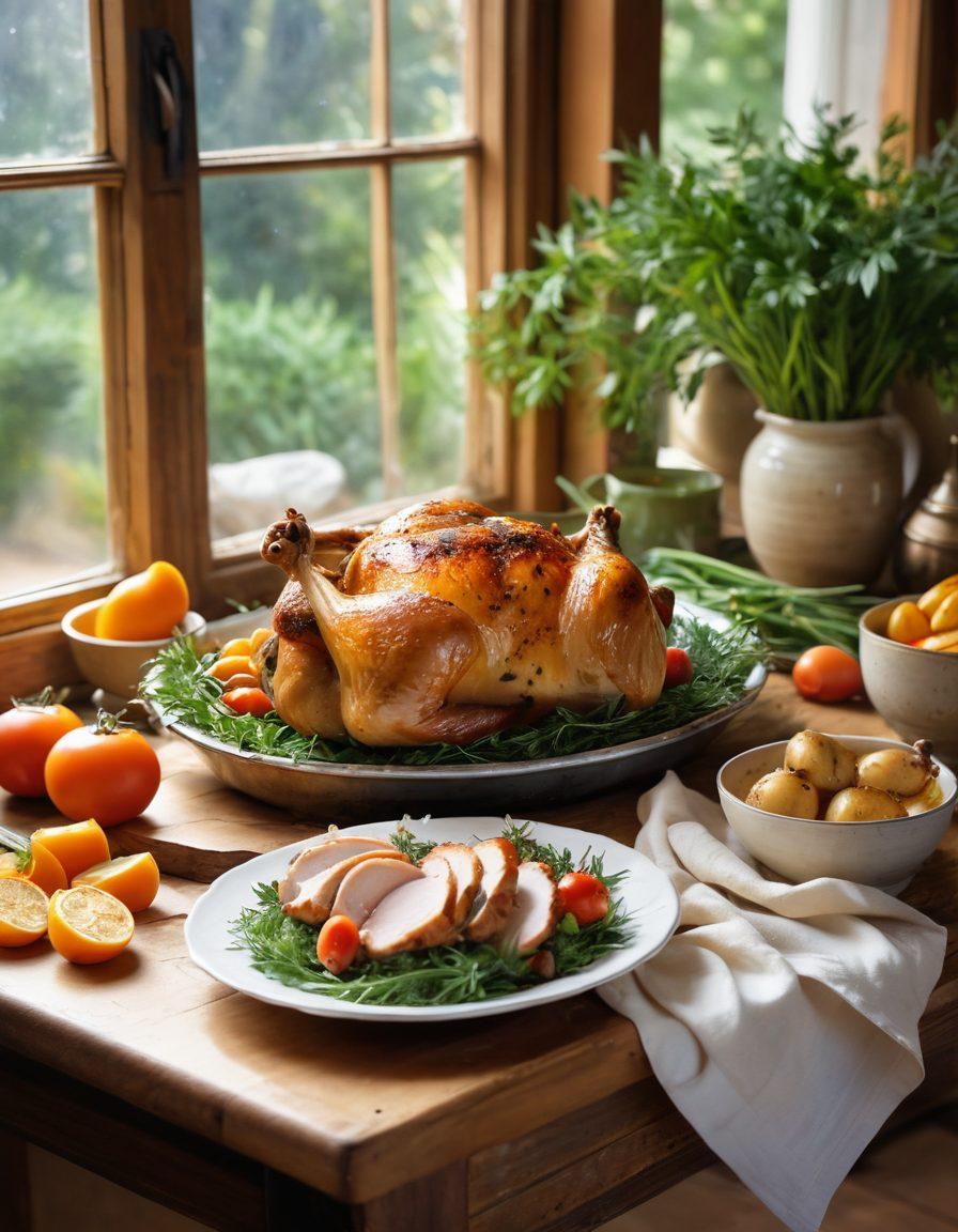A cozy kitchen scene featuring a rustic wooden table topped with a beautifully arranged plate of roasted chicken, surrounded by fresh herbs, colorful vegetables, and a rustic cookbook open to a delicious recipe. Natural light streams through a nearby window, enhancing the warm, inviting atmosphere. Include subtle hints of home-cooked magic with a hint of steam wafting from the dish. watercolor painting. warm tones. soft focus.