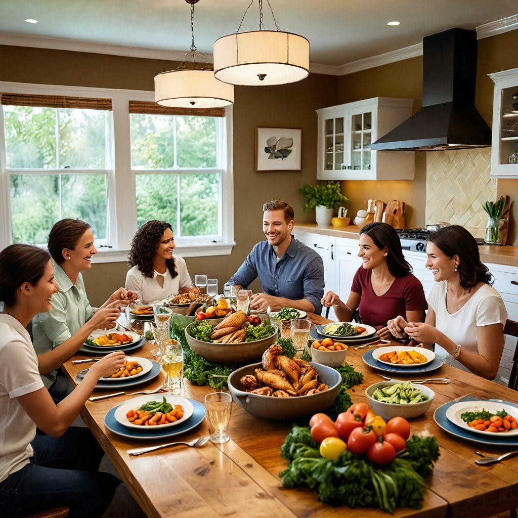 A beautifully arranged table featuring a variety of quick and easy chicken dishes, garnished with fresh herbs and colorful vegetables. The scene should include a family enjoying a meal together, showcasing joy and connection, with warm lighting to evoke a cozy atmosphere. Include a subtle backdrop of a well-equipped kitchen to emphasize simplicity in cooking. vibrant colors. warm tones. cozy ambiance.